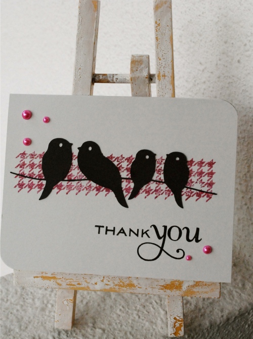handmade bird card, birds on a wire card, houndstooth card, papertrey ink thank you stamp, make my monday challenge, young crafters unite challenge, autumn rose ink, silhouette cameo die cut