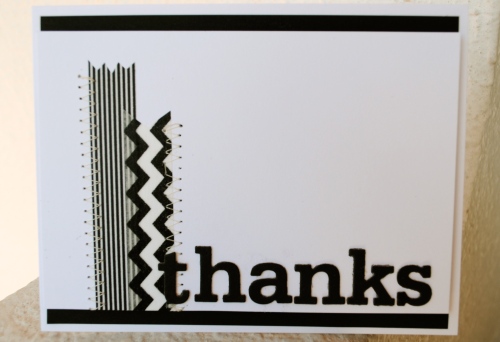 runway inspired challenge, gareth pugh 2012, handmade card, chevron, stripes, less is more challenge blog, one word, hello card, black and white card